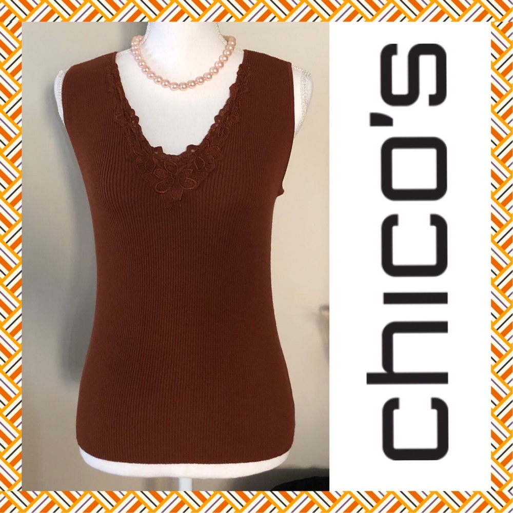 CHICOs LACE TRIMMED V-VECK RIBBED KNIT TANK